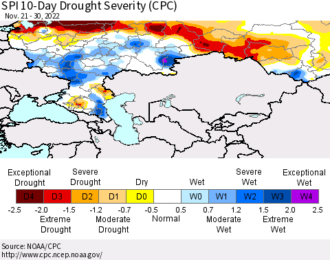 Russian Federation SPI 10-Day Drought Severity (CPC) Thematic Map For 11/21/2022 - 11/30/2022