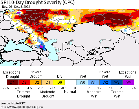 Russian Federation SPI 10-Day Drought Severity (CPC) Thematic Map For 11/26/2022 - 12/5/2022