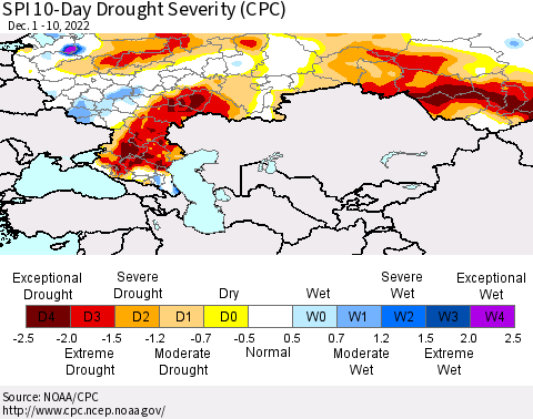 Russian Federation SPI 10-Day Drought Severity (CPC) Thematic Map For 12/1/2022 - 12/10/2022