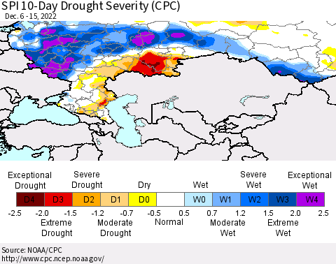 Russian Federation SPI 10-Day Drought Severity (CPC) Thematic Map For 12/6/2022 - 12/15/2022