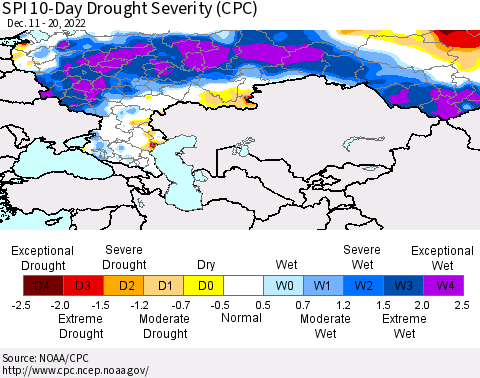 Russian Federation SPI 10-Day Drought Severity (CPC) Thematic Map For 12/11/2022 - 12/20/2022
