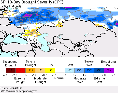 Russian Federation SPI 10-Day Drought Severity (CPC) Thematic Map For 12/16/2022 - 12/25/2022