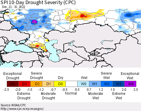 Russian Federation SPI 10-Day Drought Severity (CPC) Thematic Map For 12/21/2022 - 12/31/2022
