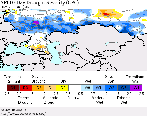 Russian Federation SPI 10-Day Drought Severity (CPC) Thematic Map For 12/26/2022 - 1/5/2023