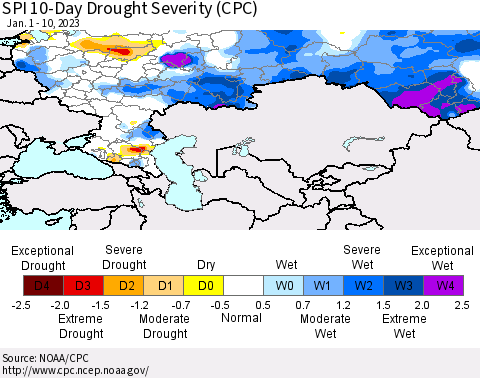 Russian Federation SPI 10-Day Drought Severity (CPC) Thematic Map For 1/1/2023 - 1/10/2023