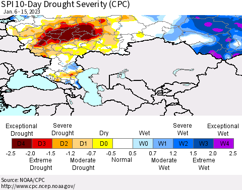 Russian Federation SPI 10-Day Drought Severity (CPC) Thematic Map For 1/6/2023 - 1/15/2023