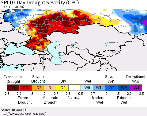 Russian Federation SPI 10-Day Drought Severity (CPC) Thematic Map For 1/11/2023 - 1/20/2023
