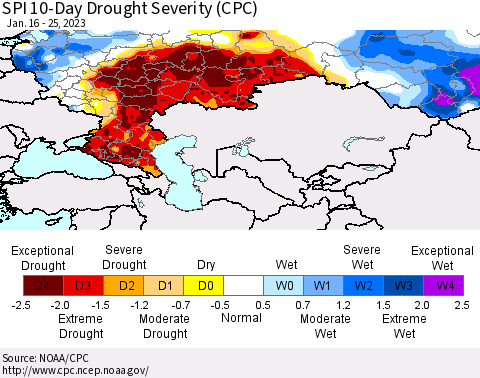 Russian Federation SPI 10-Day Drought Severity (CPC) Thematic Map For 1/16/2023 - 1/25/2023