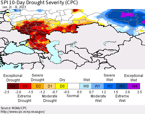 Russian Federation SPI 10-Day Drought Severity (CPC) Thematic Map For 1/21/2023 - 1/31/2023