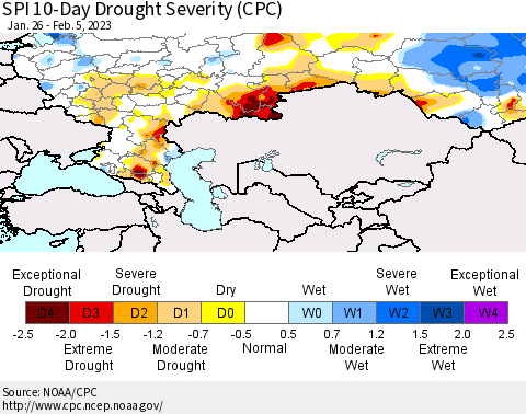 Russian Federation SPI 10-Day Drought Severity (CPC) Thematic Map For 1/26/2023 - 2/5/2023