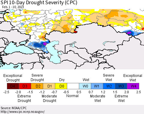 Russian Federation SPI 10-Day Drought Severity (CPC) Thematic Map For 2/1/2023 - 2/10/2023