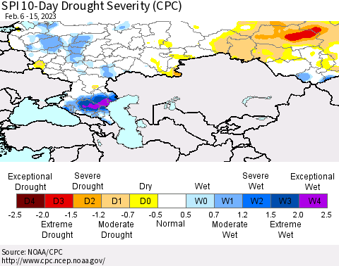 Russian Federation SPI 10-Day Drought Severity (CPC) Thematic Map For 2/6/2023 - 2/15/2023