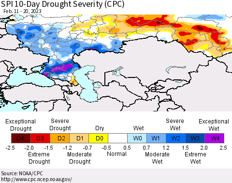 Russian Federation SPI 10-Day Drought Severity (CPC) Thematic Map For 2/11/2023 - 2/20/2023