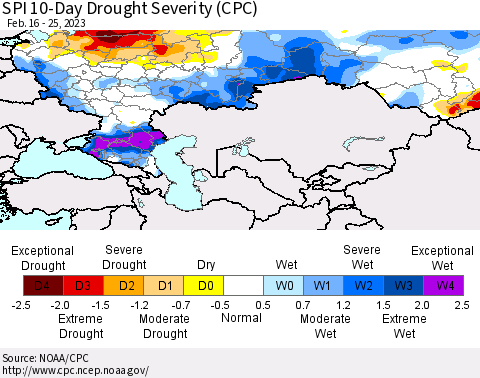 Russian Federation SPI 10-Day Drought Severity (CPC) Thematic Map For 2/16/2023 - 2/25/2023
