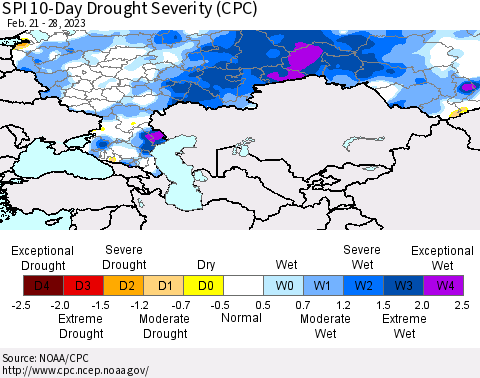 Russian Federation SPI 10-Day Drought Severity (CPC) Thematic Map For 2/21/2023 - 2/28/2023