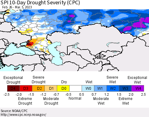 Russian Federation SPI 10-Day Drought Severity (CPC) Thematic Map For 2/26/2023 - 3/5/2023