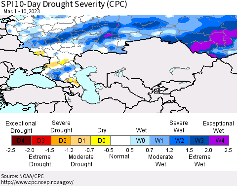Russian Federation SPI 10-Day Drought Severity (CPC) Thematic Map For 3/1/2023 - 3/10/2023