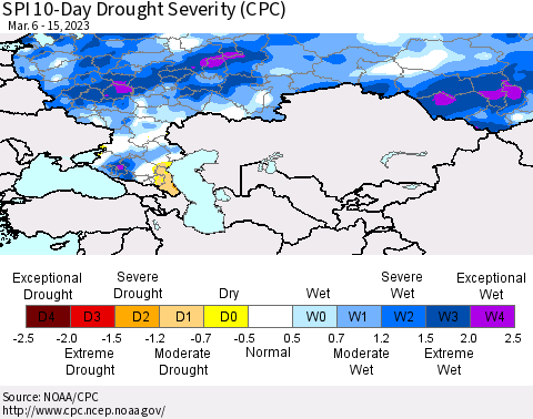 Russian Federation SPI 10-Day Drought Severity (CPC) Thematic Map For 3/6/2023 - 3/15/2023