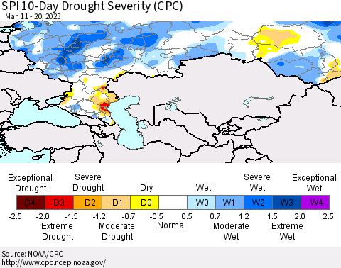 Russian Federation SPI 10-Day Drought Severity (CPC) Thematic Map For 3/11/2023 - 3/20/2023