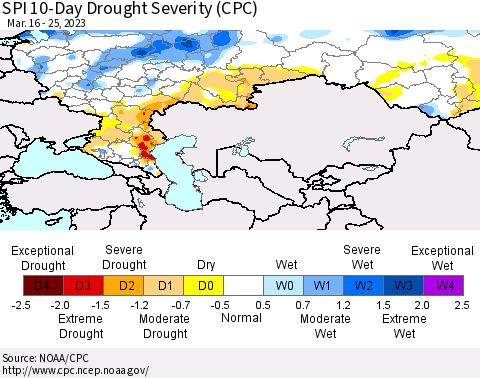 Russian Federation SPI 10-Day Drought Severity (CPC) Thematic Map For 3/16/2023 - 3/25/2023