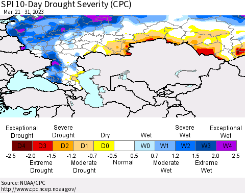 Russian Federation SPI 10-Day Drought Severity (CPC) Thematic Map For 3/21/2023 - 3/31/2023