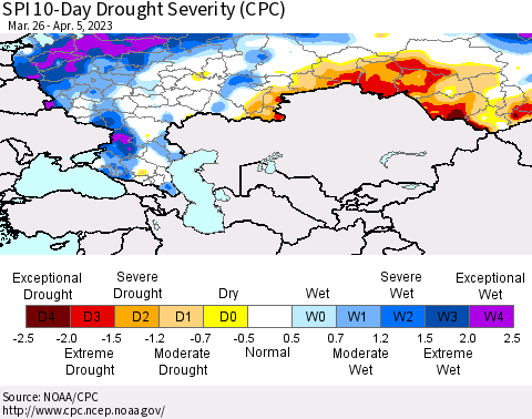 Russian Federation SPI 10-Day Drought Severity (CPC) Thematic Map For 3/26/2023 - 4/5/2023