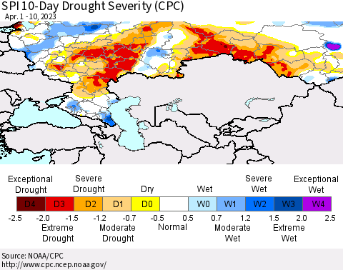 Russian Federation SPI 10-Day Drought Severity (CPC) Thematic Map For 4/1/2023 - 4/10/2023