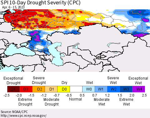 Russian Federation SPI 10-Day Drought Severity (CPC) Thematic Map For 4/6/2023 - 4/15/2023