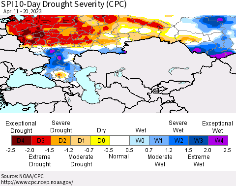 Russian Federation SPI 10-Day Drought Severity (CPC) Thematic Map For 4/11/2023 - 4/20/2023