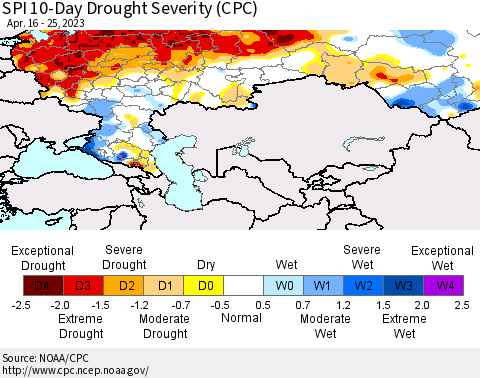 Russian Federation SPI 10-Day Drought Severity (CPC) Thematic Map For 4/16/2023 - 4/25/2023