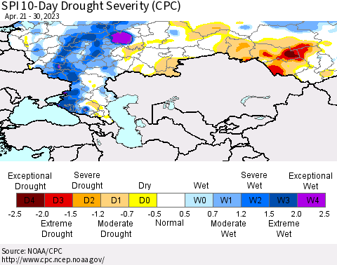 Russian Federation SPI 10-Day Drought Severity (CPC) Thematic Map For 4/21/2023 - 4/30/2023