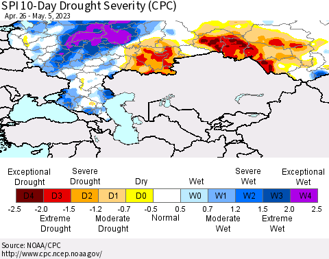 Russian Federation SPI 10-Day Drought Severity (CPC) Thematic Map For 4/26/2023 - 5/5/2023