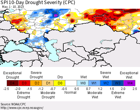 Russian Federation SPI 10-Day Drought Severity (CPC) Thematic Map For 5/1/2023 - 5/10/2023