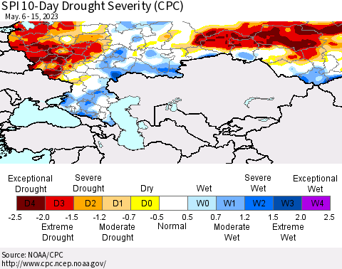 Russian Federation SPI 10-Day Drought Severity (CPC) Thematic Map For 5/6/2023 - 5/15/2023