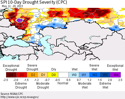 Russian Federation SPI 10-Day Drought Severity (CPC) Thematic Map For 5/11/2023 - 5/20/2023