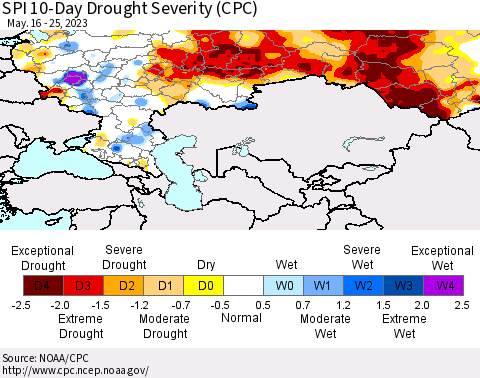 Russian Federation SPI 10-Day Drought Severity (CPC) Thematic Map For 5/16/2023 - 5/25/2023