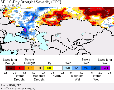 Russian Federation SPI 10-Day Drought Severity (CPC) Thematic Map For 5/21/2023 - 5/31/2023