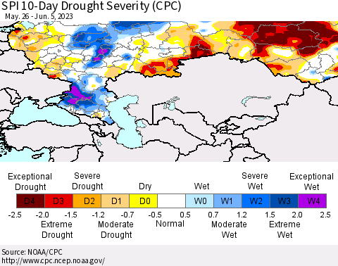 Russian Federation SPI 10-Day Drought Severity (CPC) Thematic Map For 5/26/2023 - 6/5/2023