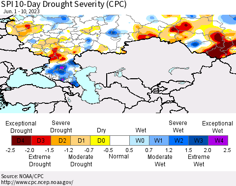 Russian Federation SPI 10-Day Drought Severity (CPC) Thematic Map For 6/1/2023 - 6/10/2023
