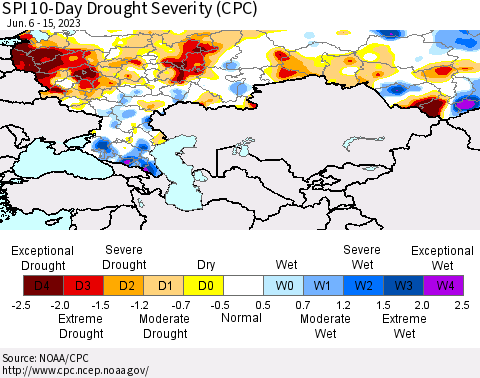 Russian Federation SPI 10-Day Drought Severity (CPC) Thematic Map For 6/6/2023 - 6/15/2023