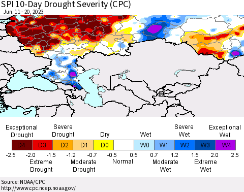 Russian Federation SPI 10-Day Drought Severity (CPC) Thematic Map For 6/11/2023 - 6/20/2023