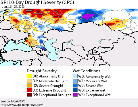 Russian Federation SPI 10-Day Drought Severity (CPC) Thematic Map For 6/16/2023 - 6/25/2023