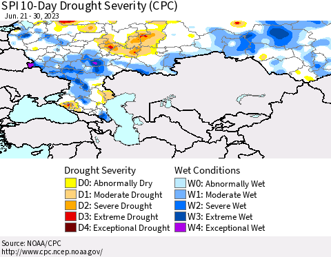 Russian Federation SPI 10-Day Drought Severity (CPC) Thematic Map For 6/21/2023 - 6/30/2023