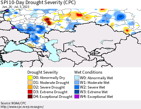 Russian Federation SPI 10-Day Drought Severity (CPC) Thematic Map For 6/26/2023 - 7/5/2023