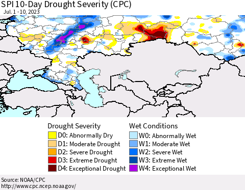 Russian Federation SPI 10-Day Drought Severity (CPC) Thematic Map For 7/1/2023 - 7/10/2023