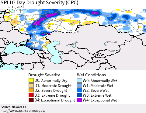 Russian Federation SPI 10-Day Drought Severity (CPC) Thematic Map For 7/6/2023 - 7/15/2023