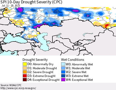 Russian Federation SPI 10-Day Drought Severity (CPC) Thematic Map For 7/11/2023 - 7/20/2023