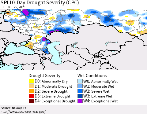 Russian Federation SPI 10-Day Drought Severity (CPC) Thematic Map For 7/16/2023 - 7/25/2023
