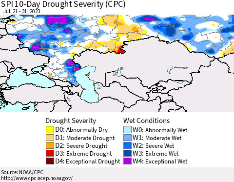 Russian Federation SPI 10-Day Drought Severity (CPC) Thematic Map For 7/21/2023 - 7/31/2023