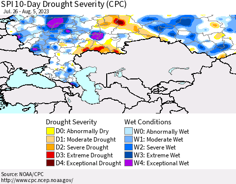 Russian Federation SPI 10-Day Drought Severity (CPC) Thematic Map For 7/26/2023 - 8/5/2023